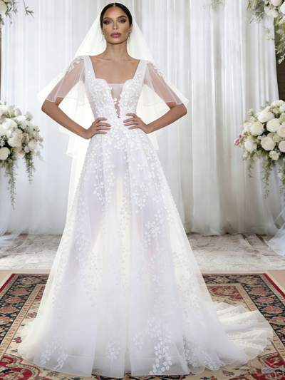 White Tulle Straps Appliques Wedding Dress