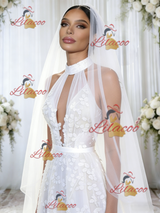 White Tulle Appliques Halter Wedding Dress
