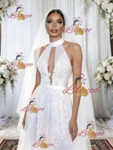 White Tulle Appliques Halter Wedding Dress