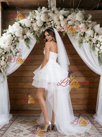 White Tulle Hi Lo Spaghetti Straps Wedding Dress
