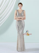 V-neck Mermaid Sequins Sleeveless Prom Dress