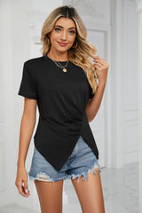 Loose Round Neck Pleated T-shirt