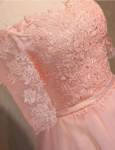 Pink Tulle Lace Short Sleeve Homecoming Dress