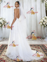 White Tulle Appliques Halter Wedding Dress