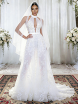 White Tulle Appliques Halter Wedding Dress
