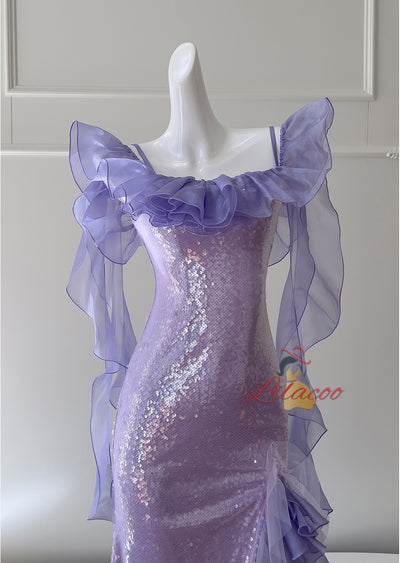 Purple Sequins Straps Prom Dress