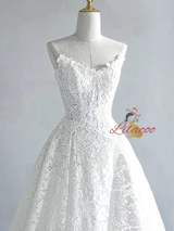 A-Line White Lace Strapless Wedding Dress