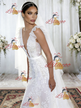 White Tulle V-neck Appliques Wedding Dress