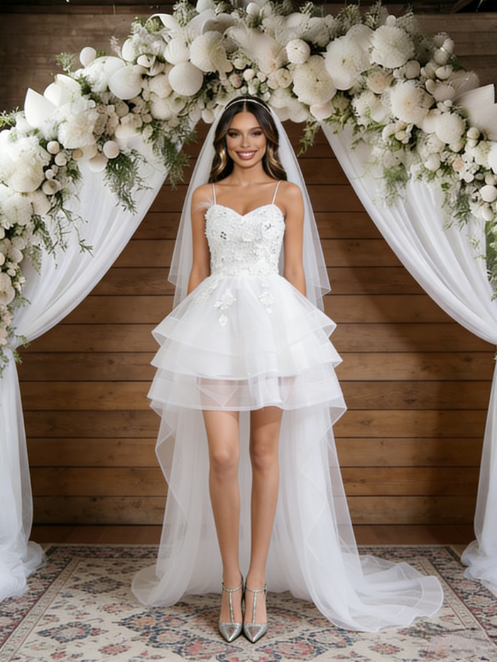 White Tulle Hi Lo Spaghetti Straps Wedding Dress