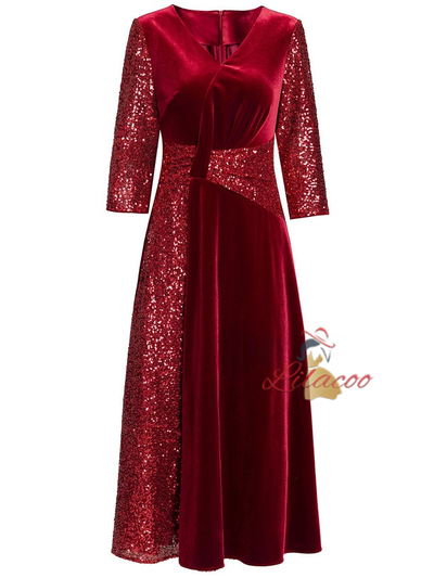Burgundy Velvet Sequins Mother Of The Bride Dress