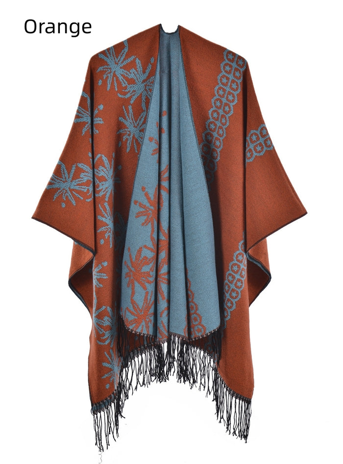 Double Tassels Increase Thick Split Cloak Shawl
