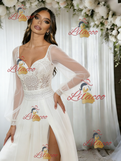 White Tulle Long Sleeve Lace Wedding Dress