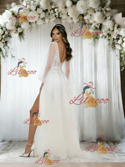 White Tulle Long Sleeve Lace Wedding Dress