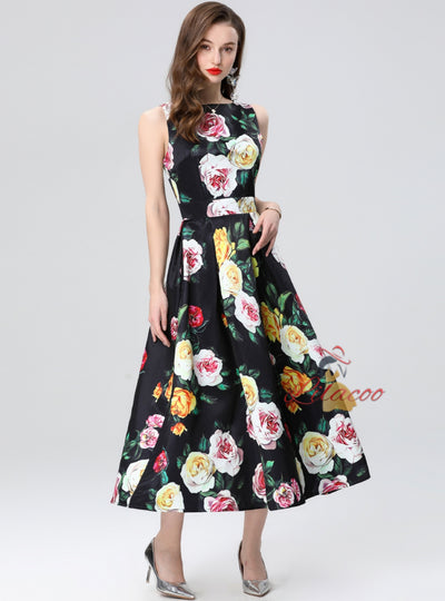 Retro Slim Waist Sleeveless Printed Dress