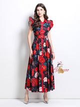 Printed Lotus Leaf Sleeve Lapel Button-down Dress