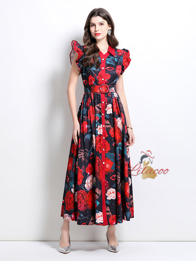 Printed Lotus Leaf Sleeve Lapel Button-down Dress