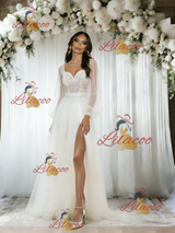 White Tulle Long Sleeve Lace Wedding Dress