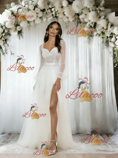 White Tulle Long Sleeve Lace Wedding Dress
