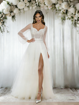 White Tulle Long Sleeve Lace Wedding Dress