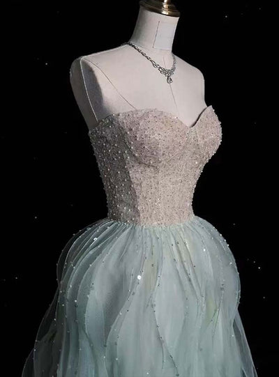 Green Tulle Sequins Strapless Prom Dress