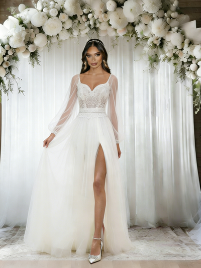 White Tulle Long Sleeve Lace Wedding Dress