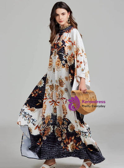 Printed Round Neck Split Nail Drill Loose Dress