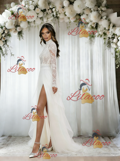 White Tulle Lace Long Sleeve Wedding Dress