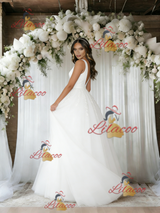 White Tulle V-neck Backless Wedding Dress