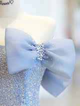 Blue Sequins Strapless Bow Pearls Prom Dress