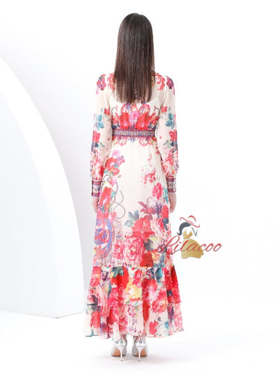 V-neck Slim Long Sleeve Printed Dress