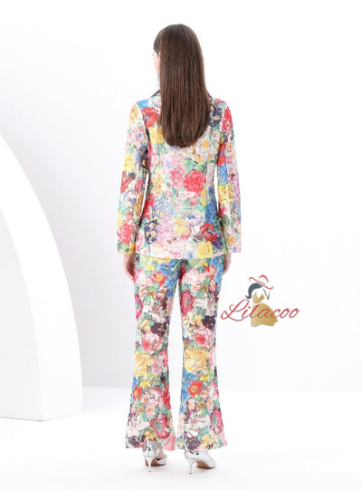 Suit Collar Lace Top Trousers Printed Two-piece Suit