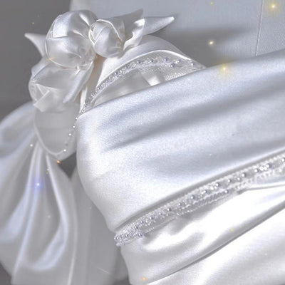 White Satin Pleats Beading Wedding Dress