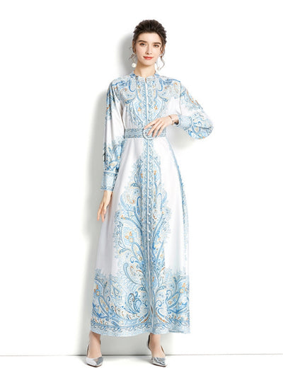 Long Sleeve Printed Dress with Belt