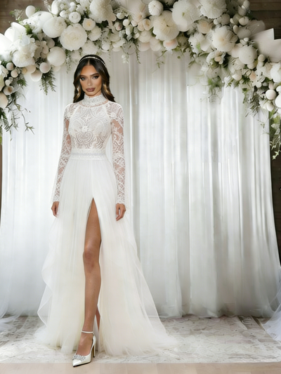 White Tulle Lace Long Sleeve Wedding Dress