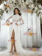 White Tulle Lace Long Sleeve Wedding Dress