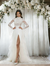 White Tulle Lace Long Sleeve Wedding Dress