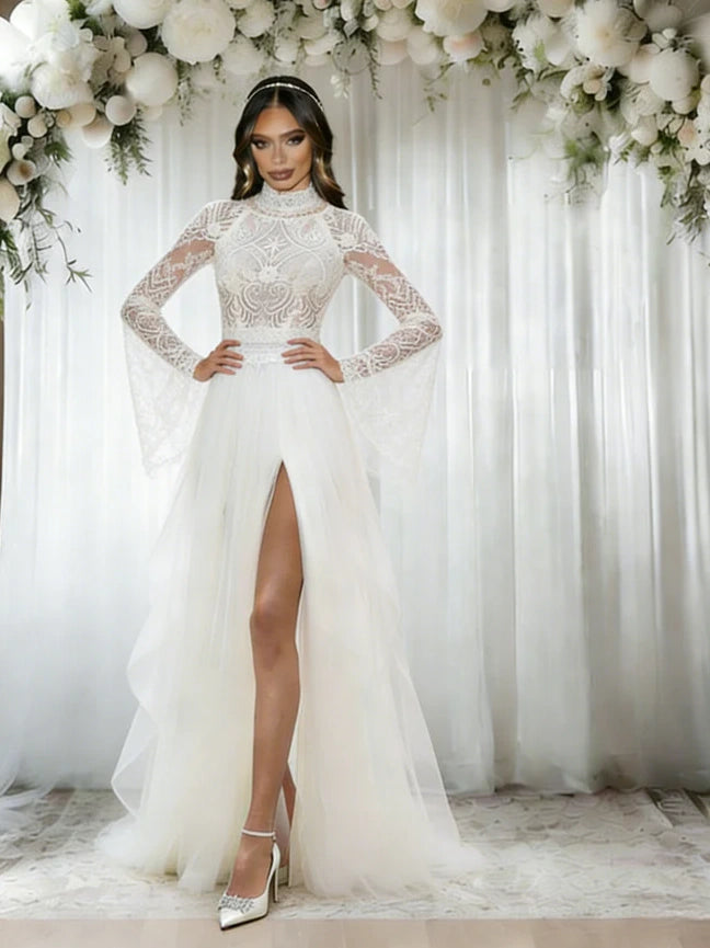 White Tulle Lace Long Sleeve Wedding Dress
