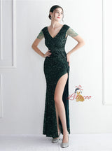 Mermaid Sequins V-neck Cap Sleeve Beading Prom Dress