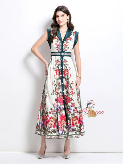 Retro Court Single-breasted Printed Dress