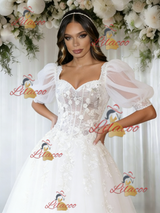 White Tulle Puff Sleeve Apppliques Wedding Dress
