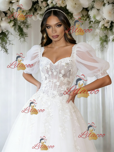 White Tulle Puff Sleeve Apppliques Wedding Dress