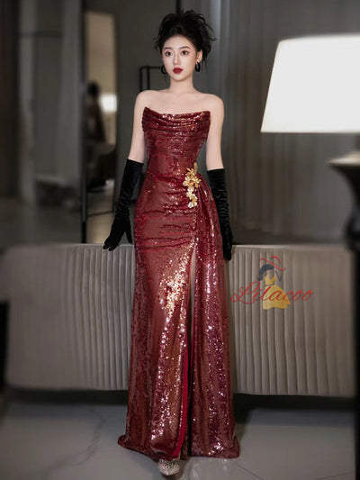 Burgundy Mermaid Sequins Pleats Prom Dress