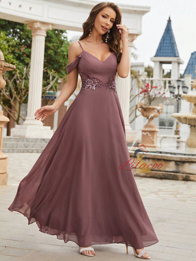 Purple Chiffon Spaghetti Straps Prom Dress