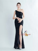 Mermaid One Shoulder Sequins Split Prom Dress