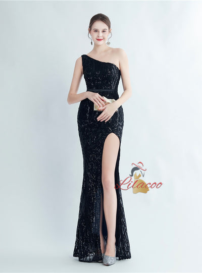 Mermaid One Shoulder Sequins Split Prom Dress