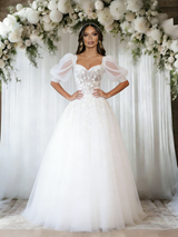 White Tulle Puff Sleeve Apppliques Wedding Dress