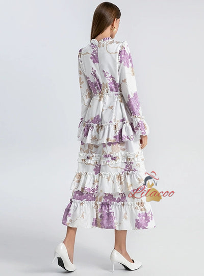 Round Neck Trumpet Long Sleeve Ruffled Dress