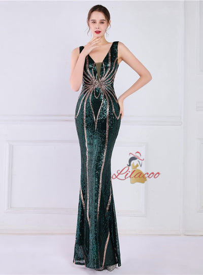 Mermaid Sequins V-neck Long Prom Dress
