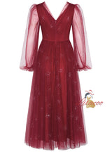 Burgundy Long Sleeve Tulle V-neck Prom Dress