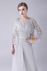 Gray Chiffon Lace Mother Of The Bride Dress